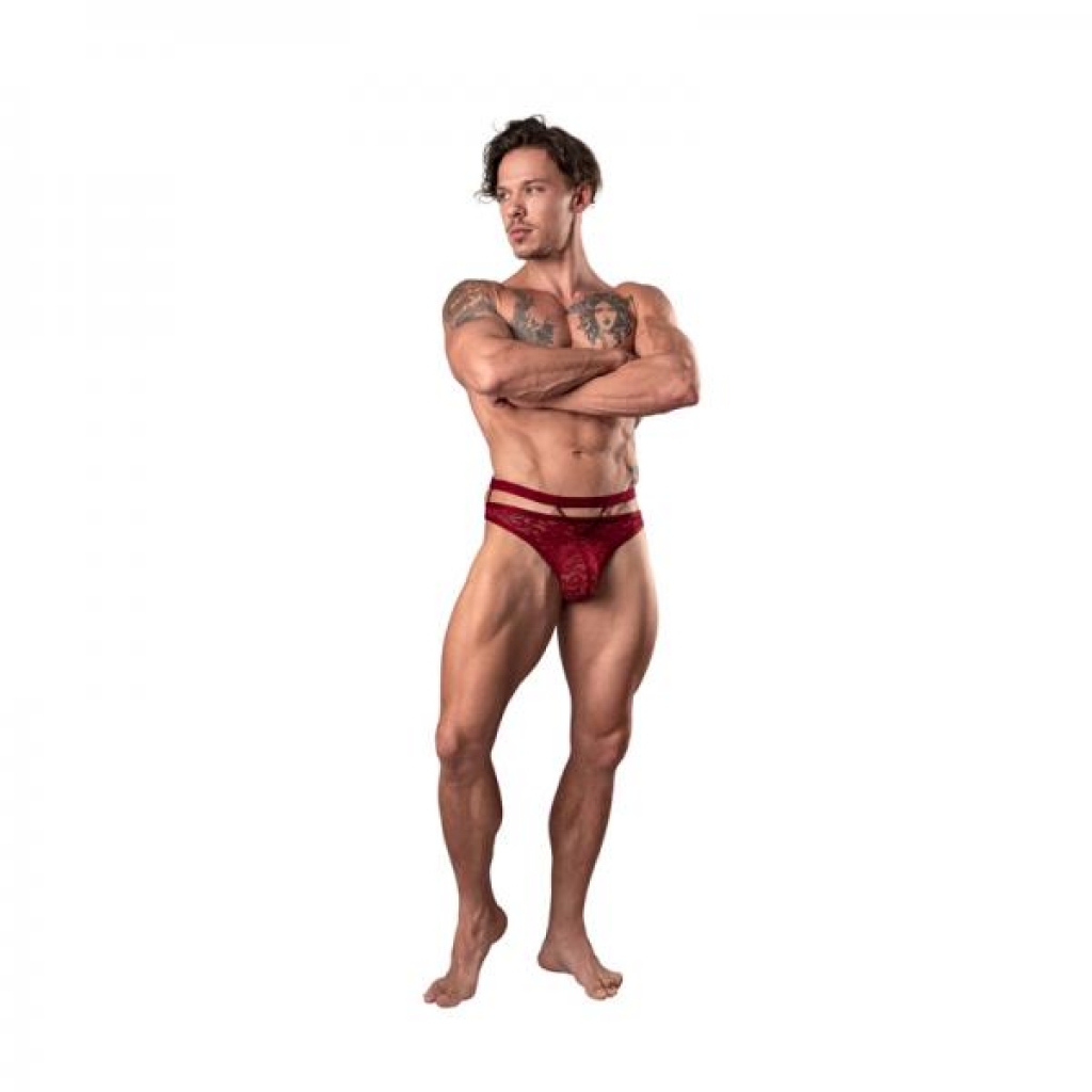 Male Power Lucifer Cut Out Strappy Thong - Burgundy S/M