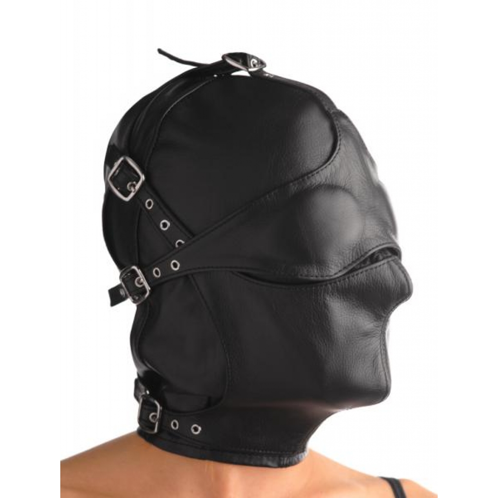 Asylum Leather Hood with Removable Blindfold and Muzzle - M/L