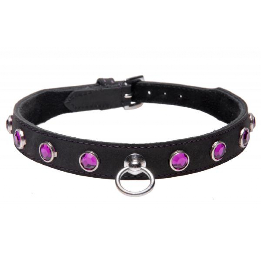 Leather Rhinestone Collar - Amethyst - Luxury Bondage Accessory