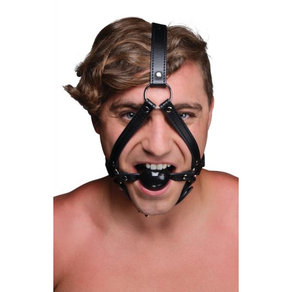 Head Harness with 1.65 Inches Ball Gag - Black Leather