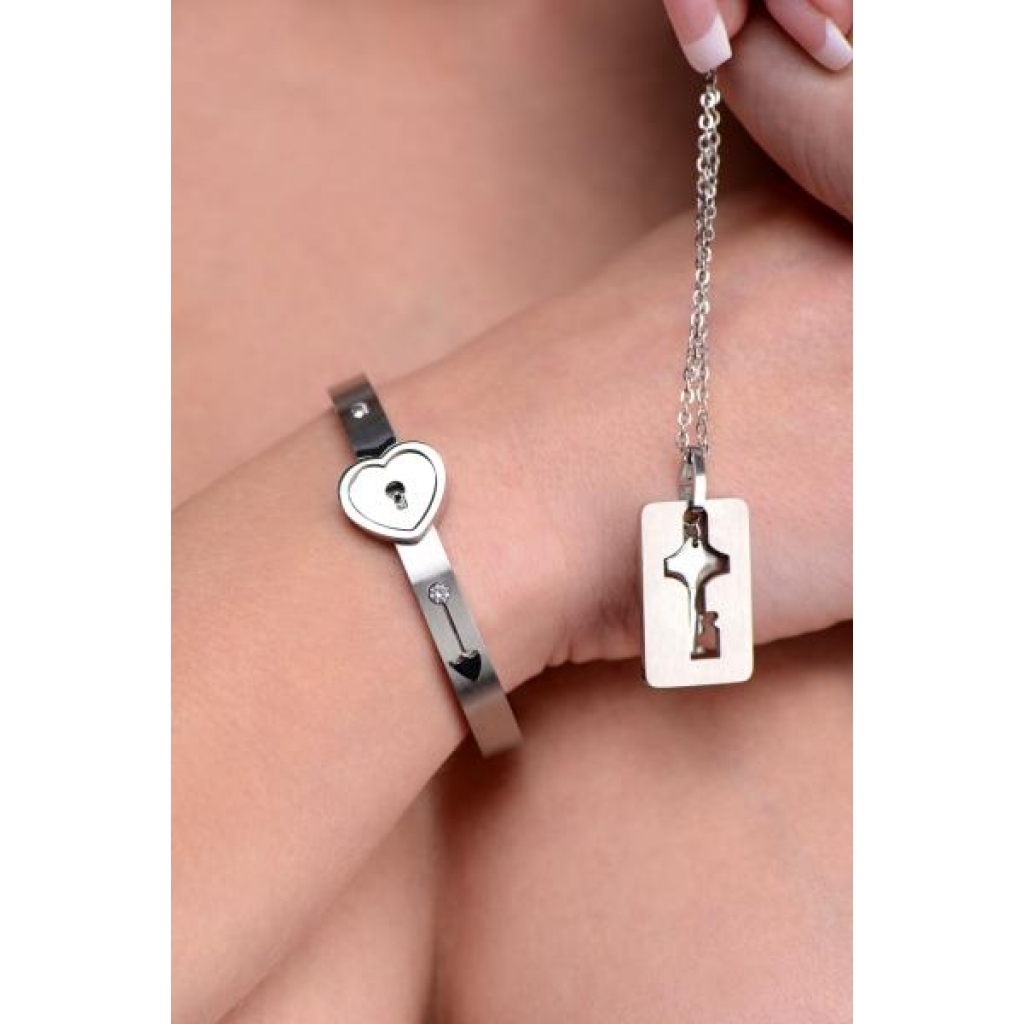 Stylish Cuffed Locking Bracelet and Key Necklace Set in Tungsten Steel