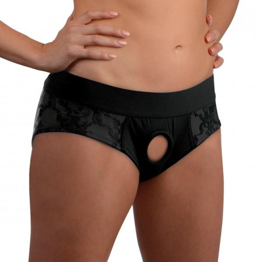 Lace Envy Crotchless Panty Harness in Black - S/M