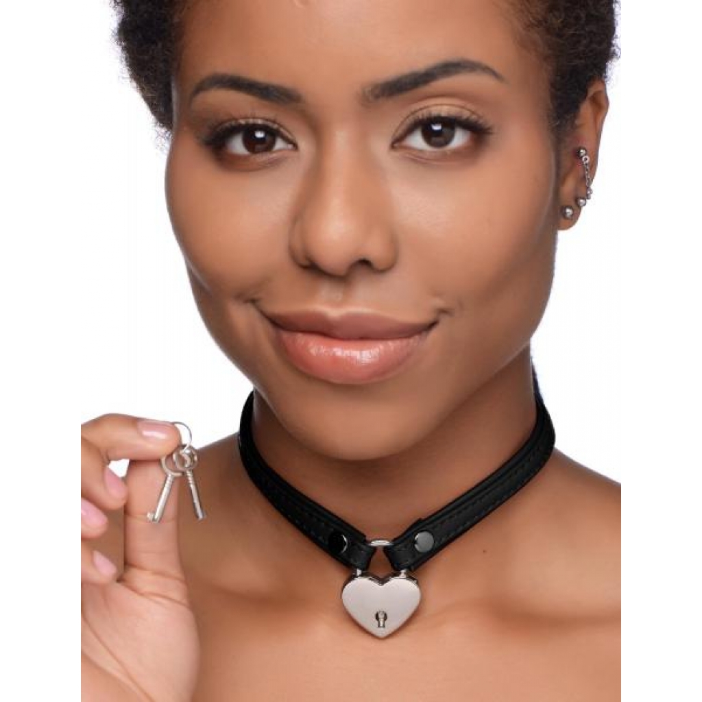 Heart Lock Leather Choker with Lock and Key – Black