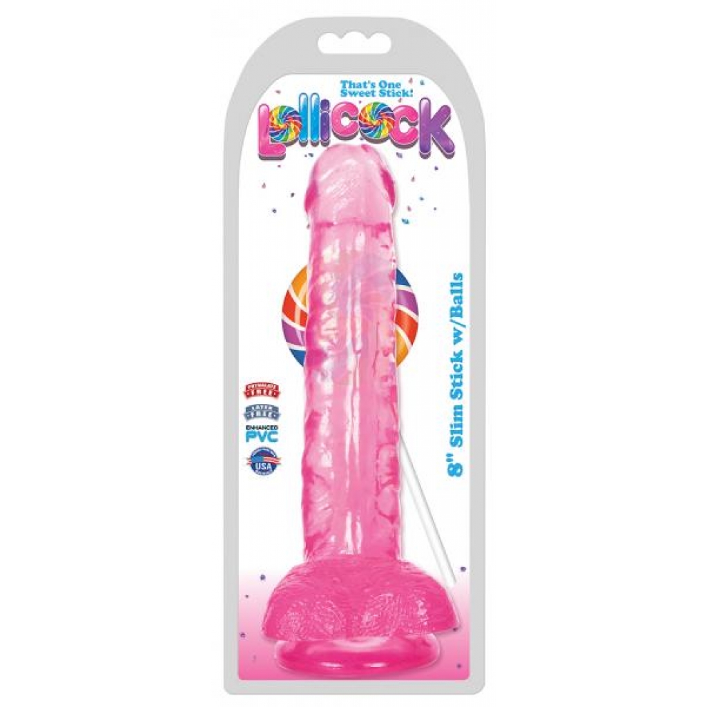 8 Inch Slim Stick With Balls - Cherry Ice Dildo