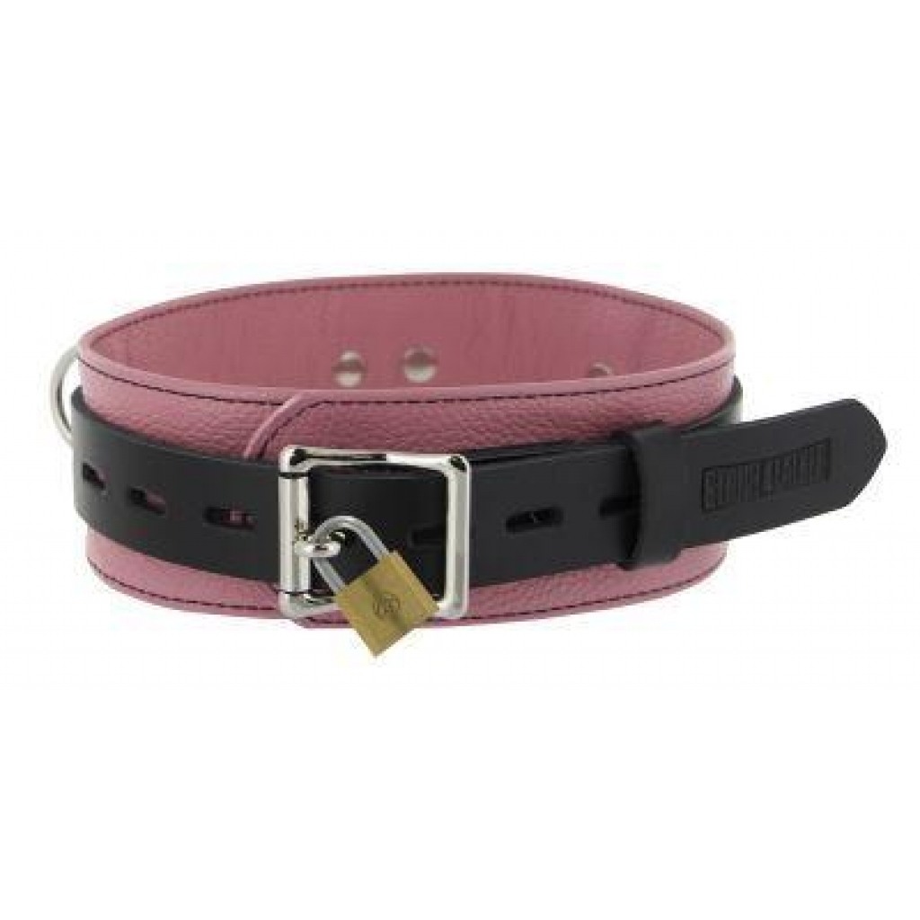 Deluxe Pink and Black Locking Leather Collar