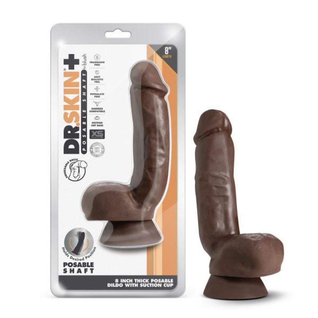 Dr. Skin Plus 8 Inch Thick Poseable Dildo with Squeezable Balls - Chocolate