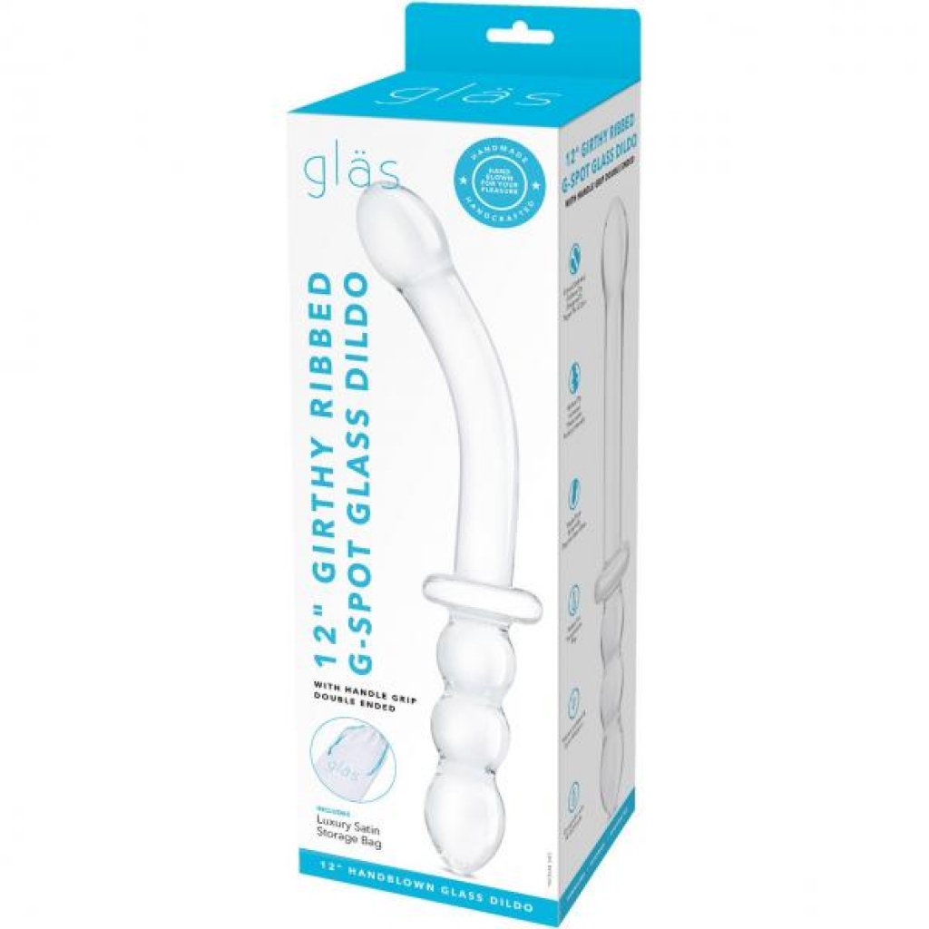 Glas 12in Girthy Ribbed G-spot Glass Dildo W/ Handle Grip - Electric / Hustler Lingerie