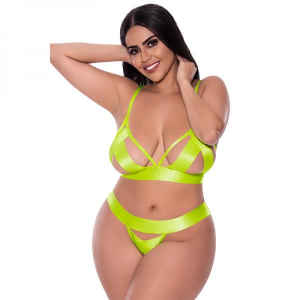 Strap Tease Bra & Crotchless Panty Neon Yellow 2xl - Magic Silk Lingerie